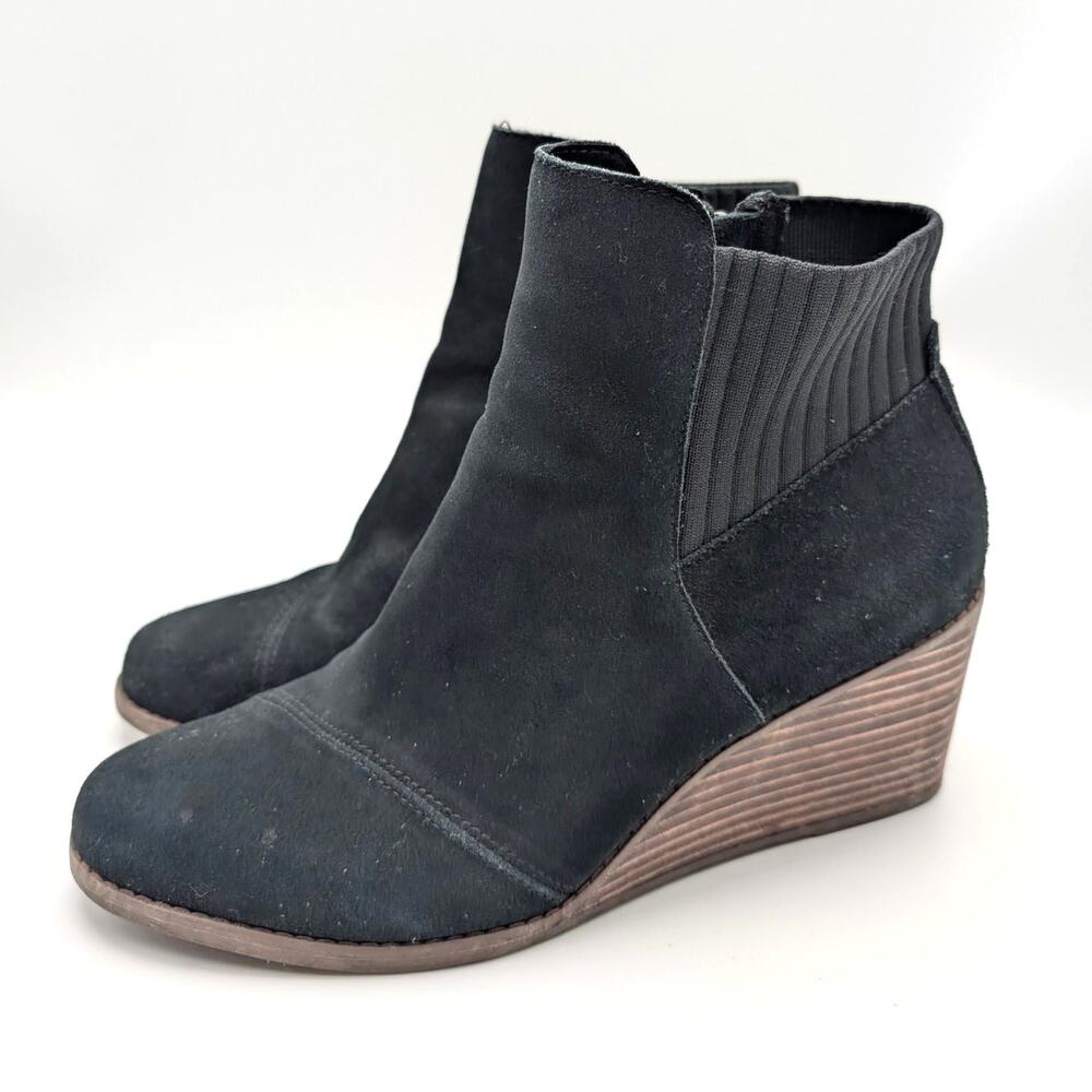 Toms Sadie Wedge Ankle Boots Women's Side Zip Black Suede Size US10 EU42